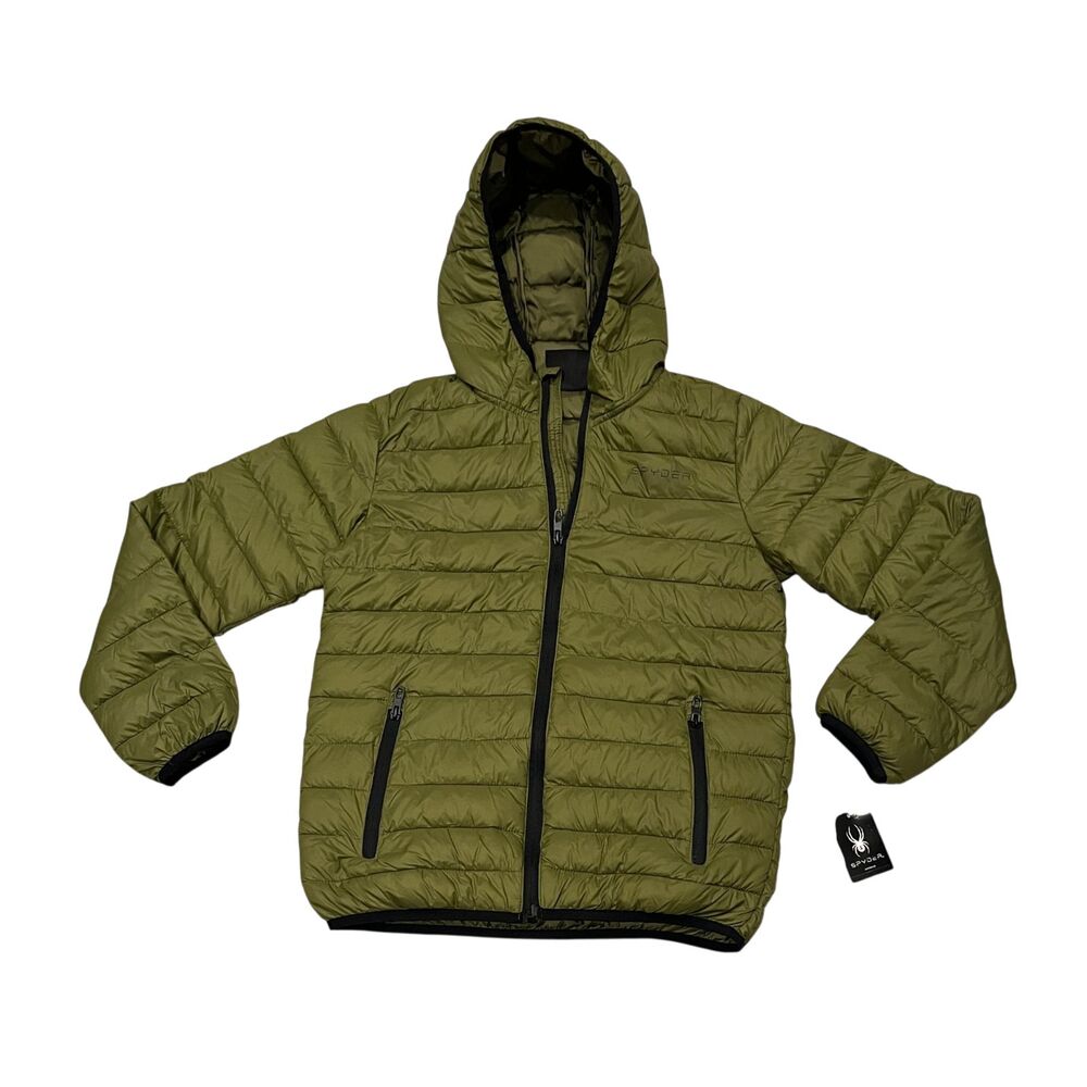Spyder Youth Boy's Packable Puffer Hooded Jacket Olive Green Sz L (14/16) NWT